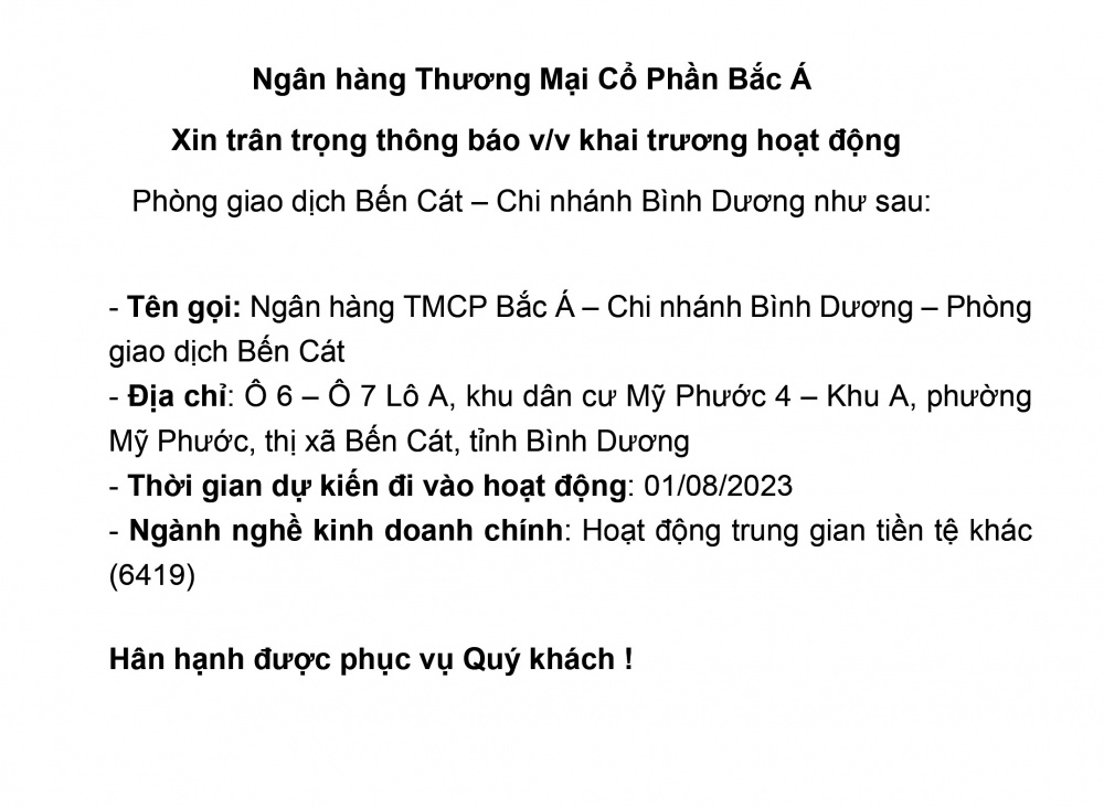 Ngân hàng TMCP Bắc Á thông báo khai trương hoạt động Phòng giao dịch Bến Cát - Chi nhánh Bình Dương