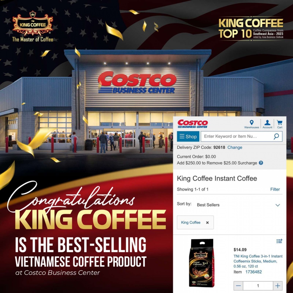 Sản phẩm cà phê hòa 3in1 của King Coffee đã trở thành một trong những sản phẩm được tìm mua và bán chạy nhất trên kệ hệ thống nhà bán buôn sỉ lớn nhất nước Mỹ.