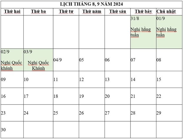 Trình Chính phủ phương án nghỉ Tết Âm lịch và Lễ Quốc khánh năm 2024 | Xã hội | Vietnam+ (VietnamPlus)