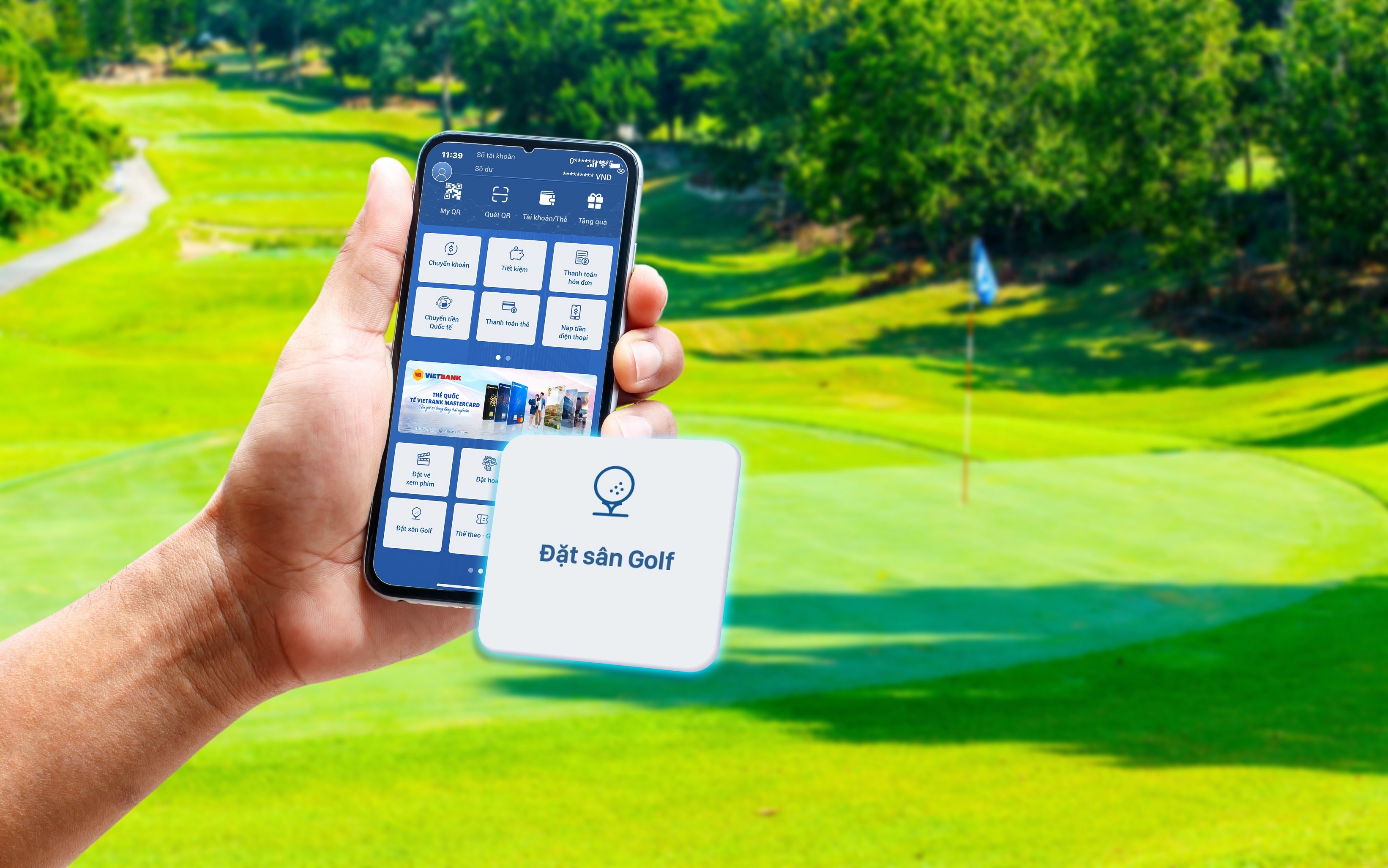 Tính năng “Đặt sân golf” trên ứng dụng Vietbank Digital cho phép khách hàng lựa chọn hệ thống gần 100 sân golf đẹp