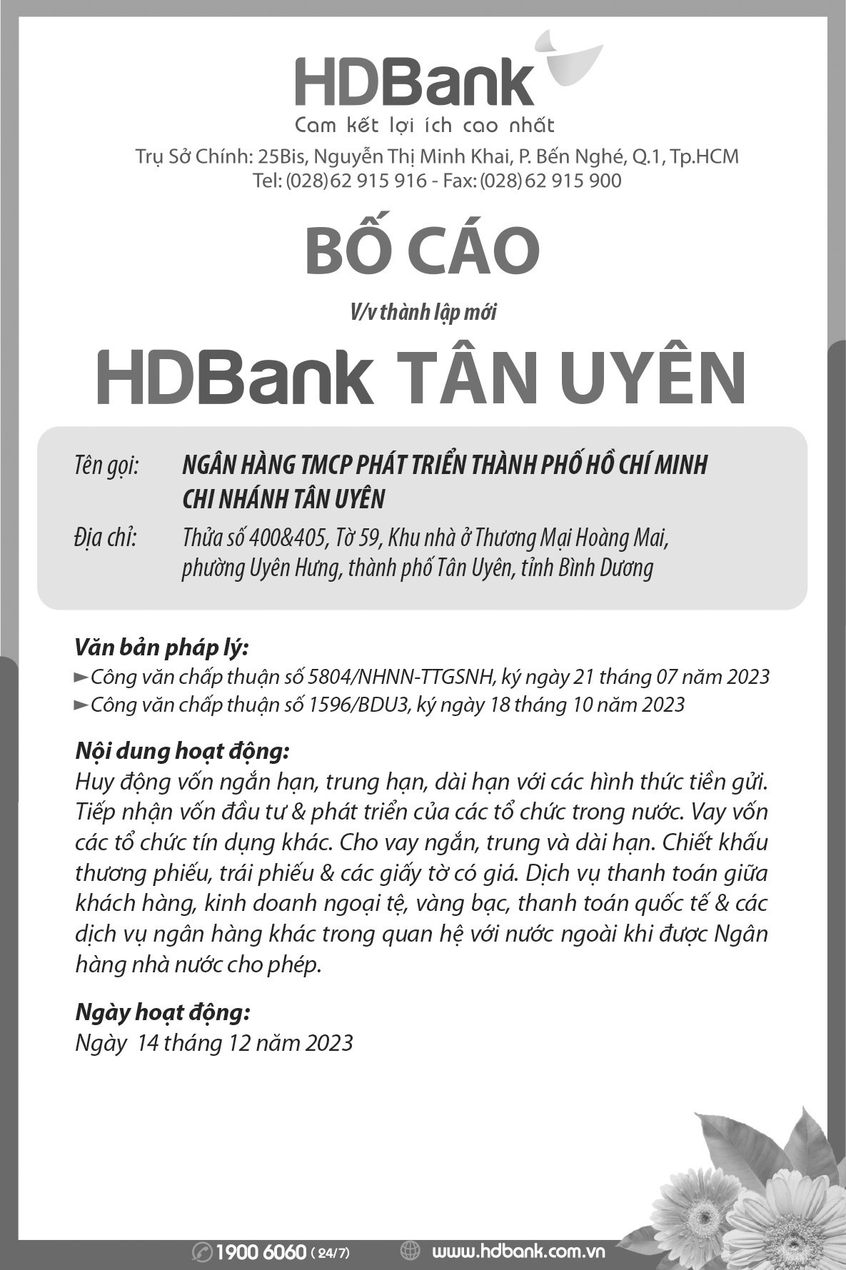 Bố cáo thành lập HDBank chi nhánh Tân Uyên