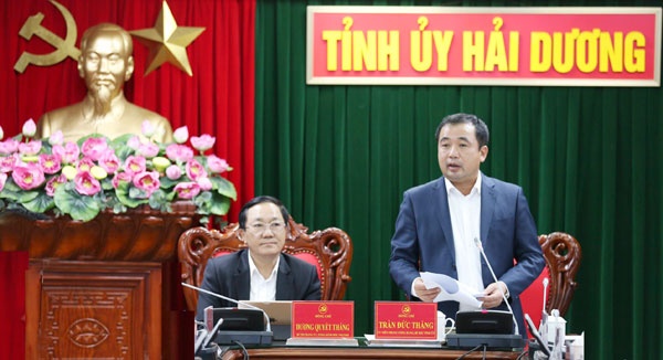 Bí thư Tỉnh ủy Hải Dương Trần Đức Thắng phát biểu tại buổi làm việc với Đoàn công tác NHCSXH