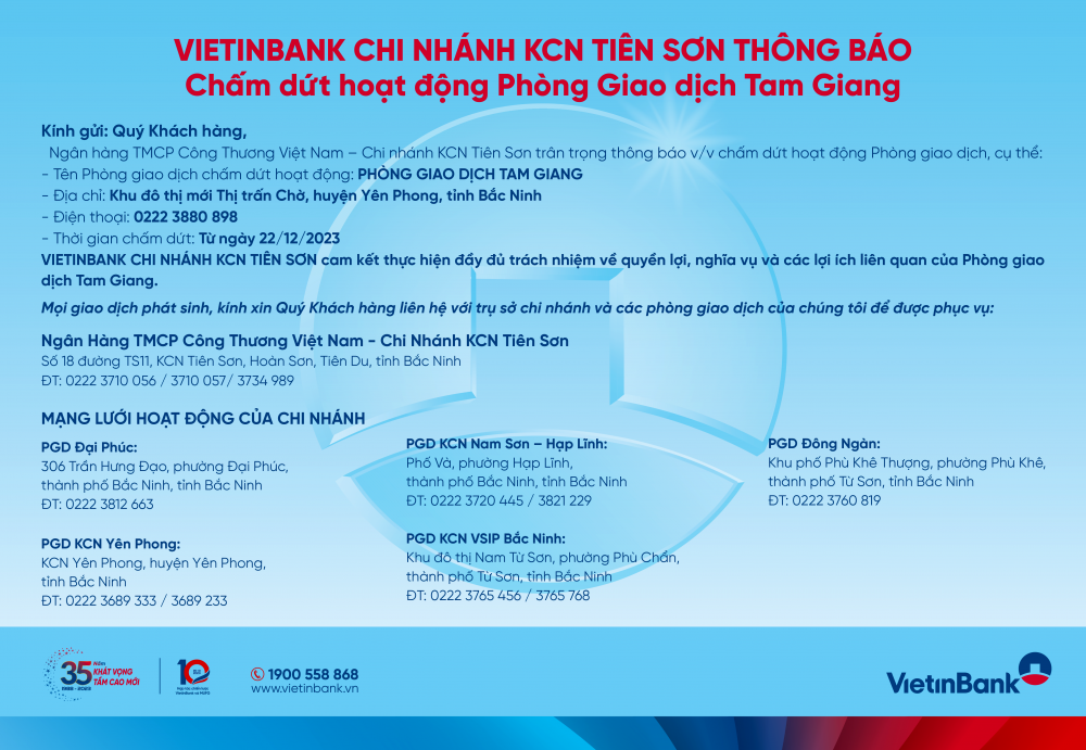 VietinBank chi nhánh KCN Tiên Sơn thông báo