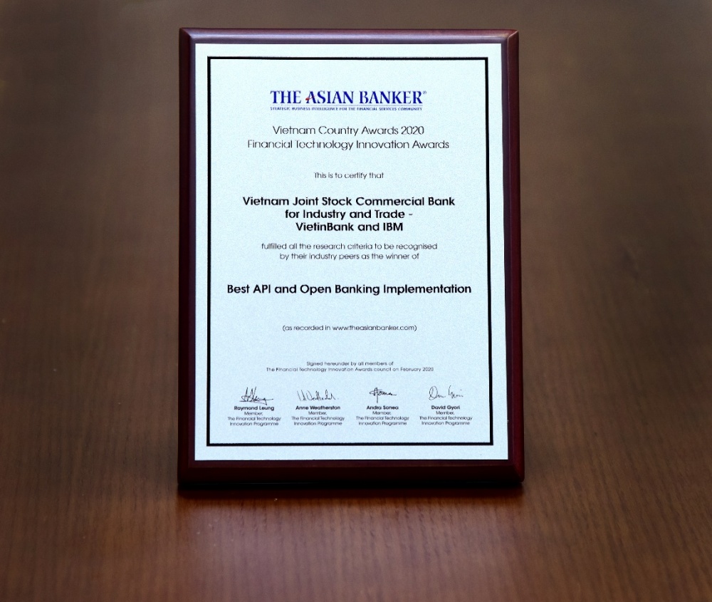 VietinBank được The Asian Banker trao giải thưởng “Triển khai nền tảng API và Ngân hàng mở tốt nhất năm 2020”