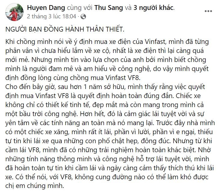 Chị Huyền Đặng gọi chiếc VF 8 của mình là người bạn đồng hành thân thiết.  (Nguồn: Facebook Huyen Dang).