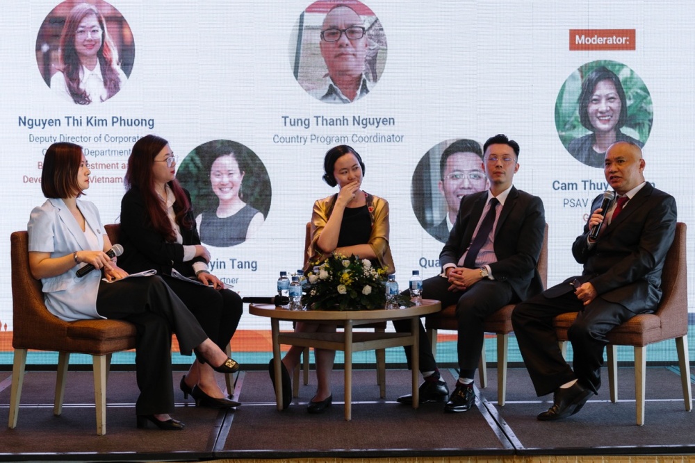 Bà Nguyễn Thị Kim Phượng – Phó Giám đốc Ban Khách hàng doanh nghiệp BIDV (thứ hai từ trái qua) phát biểu tại Diễn đàn đầu tư quốc gia