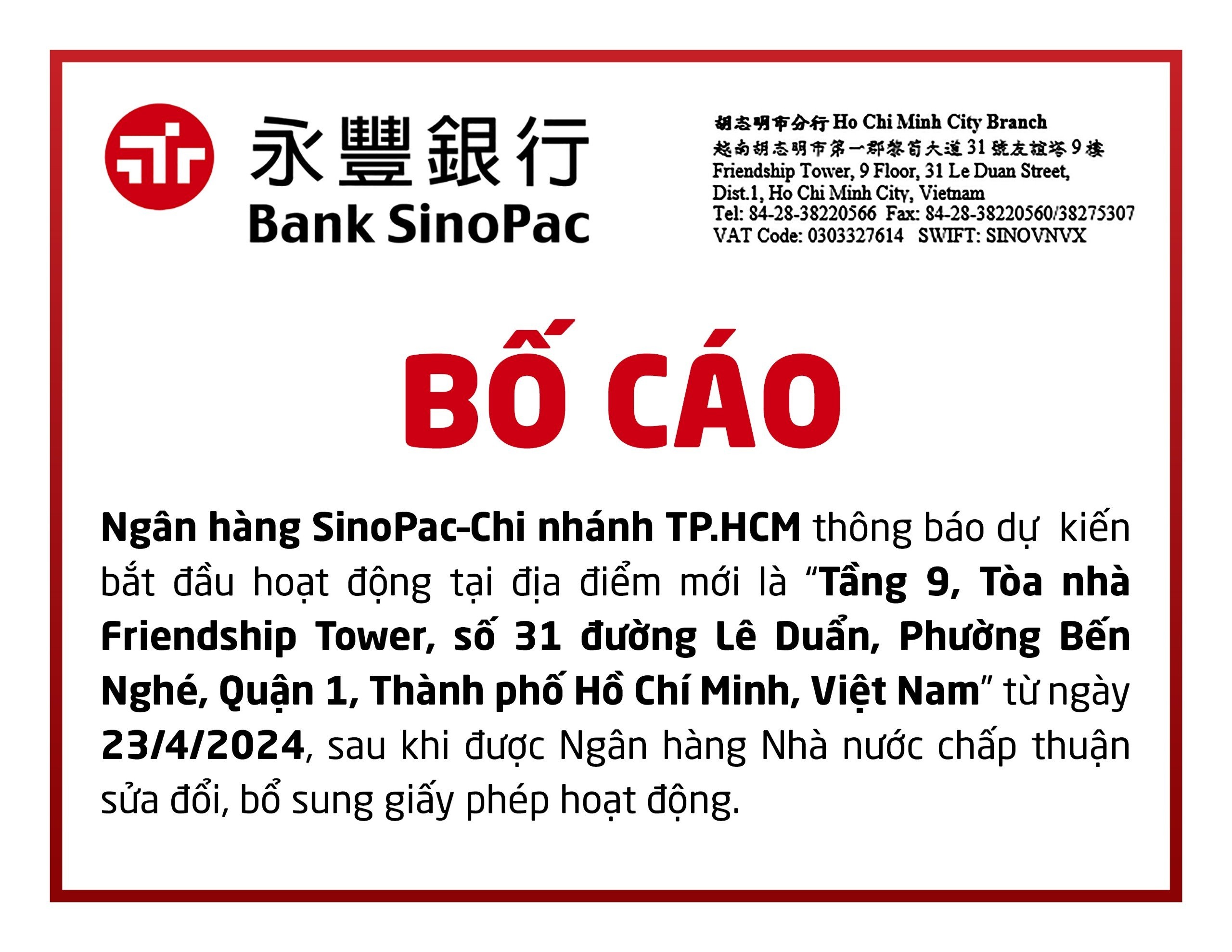 Ngân hàng SinoPac Chi nhánh TP.HCM thay đổi địa chỉ trụ sở