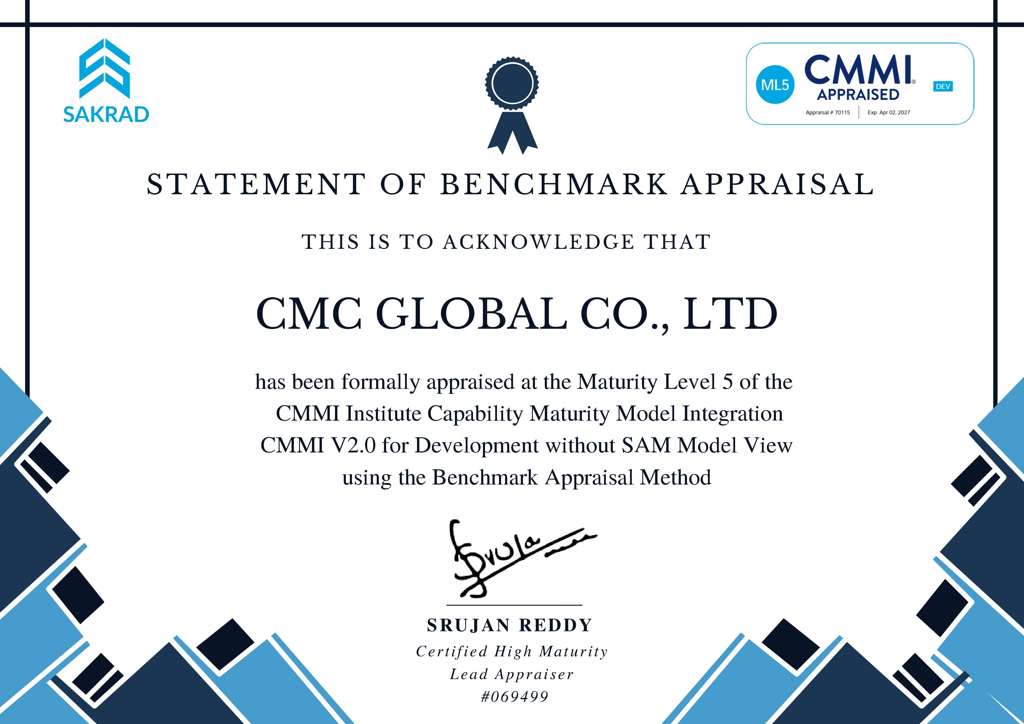CMC nâng cấp thành công chứng chỉ CMMI cấp 3 lên CMMI cấp 5 phiên bản 2.0