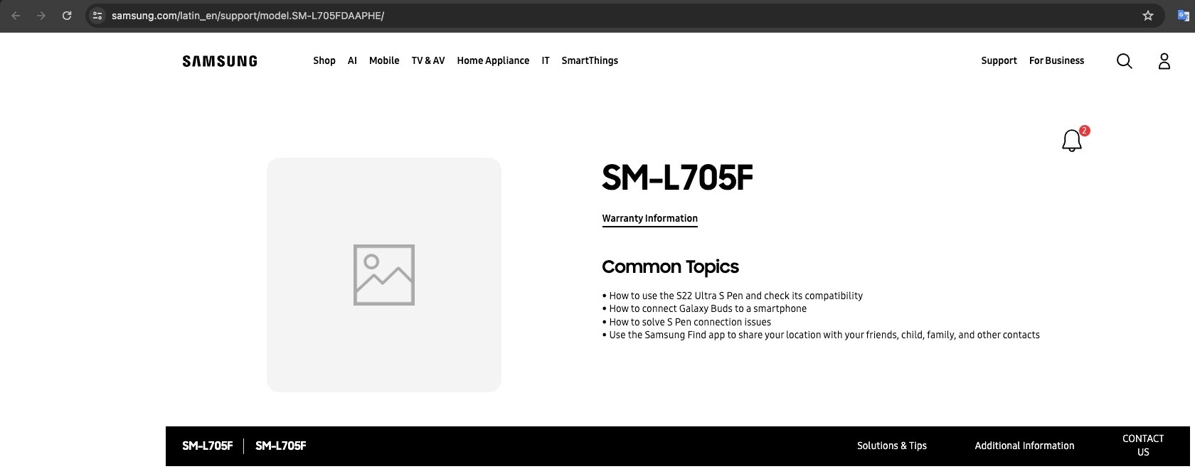 Thông tin về model SM-L705F (Galaxy Watch Ultra) trên website chính thức của Samsung tại Mỹ Latinh