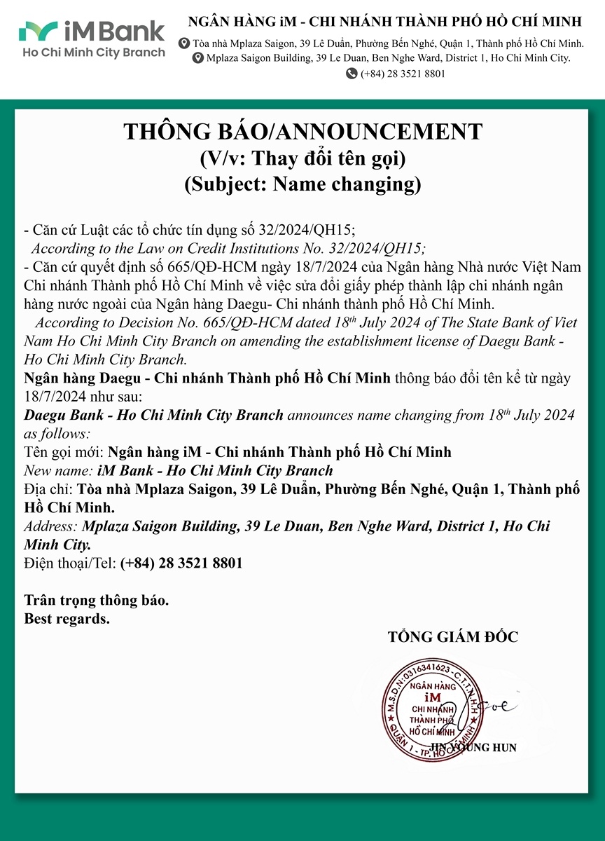 Ngân hàng Daegu - Chi nhánh Thành phố Hồ Chí Minh thay đổi tên gọi
