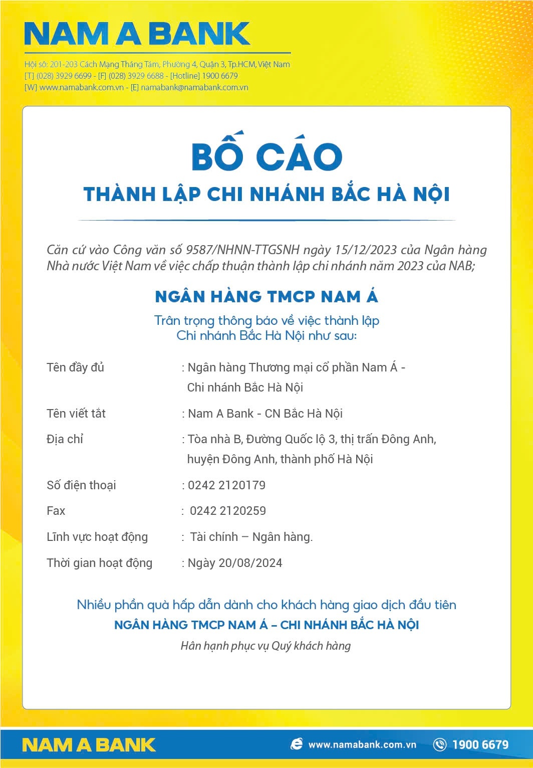 Nam A Bank: Bố cáo thành lập chi nhánh Bắc Hà Nội