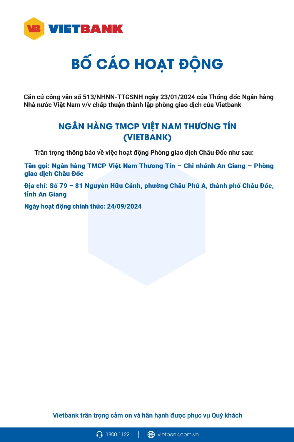 Vietbank: Bố cáo thành lập PGD Châu Đốc