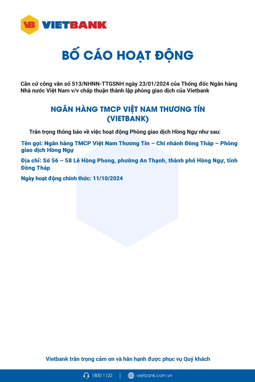 Vietbank: Bố cáo thành lập PGD Hồng Ngự