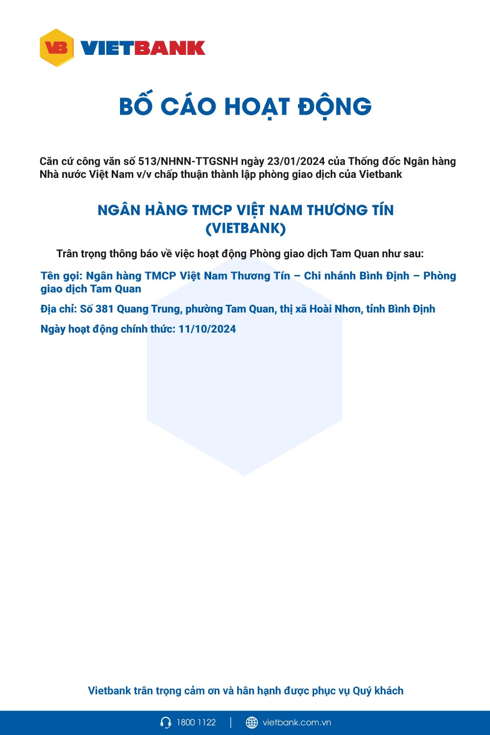 Vietbank: Bố cáo thành lập PGD Tam Quan