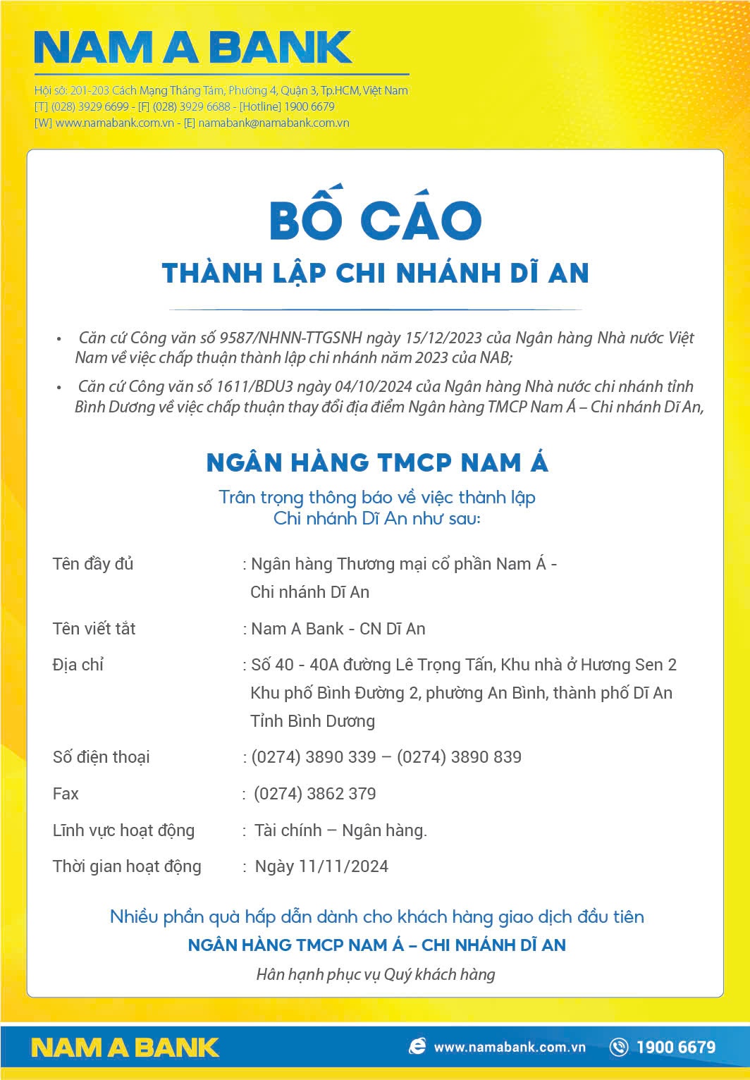 Nam A Bank: Bố cáo thành lập chi nhánh Dĩ An