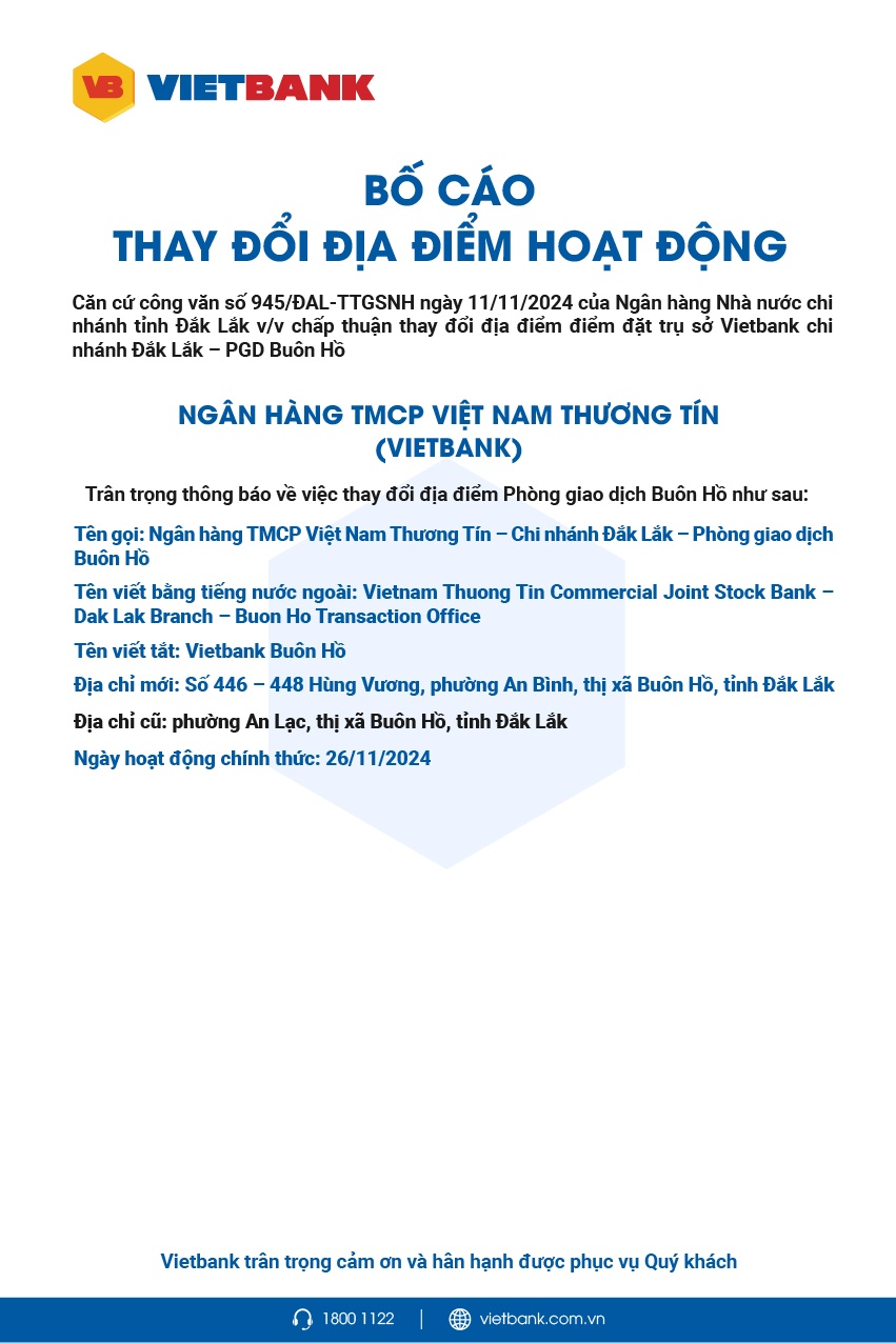 Vietbank: Bố cáo thay đổi địa điểm hoạt động PGD Buôn Hồ