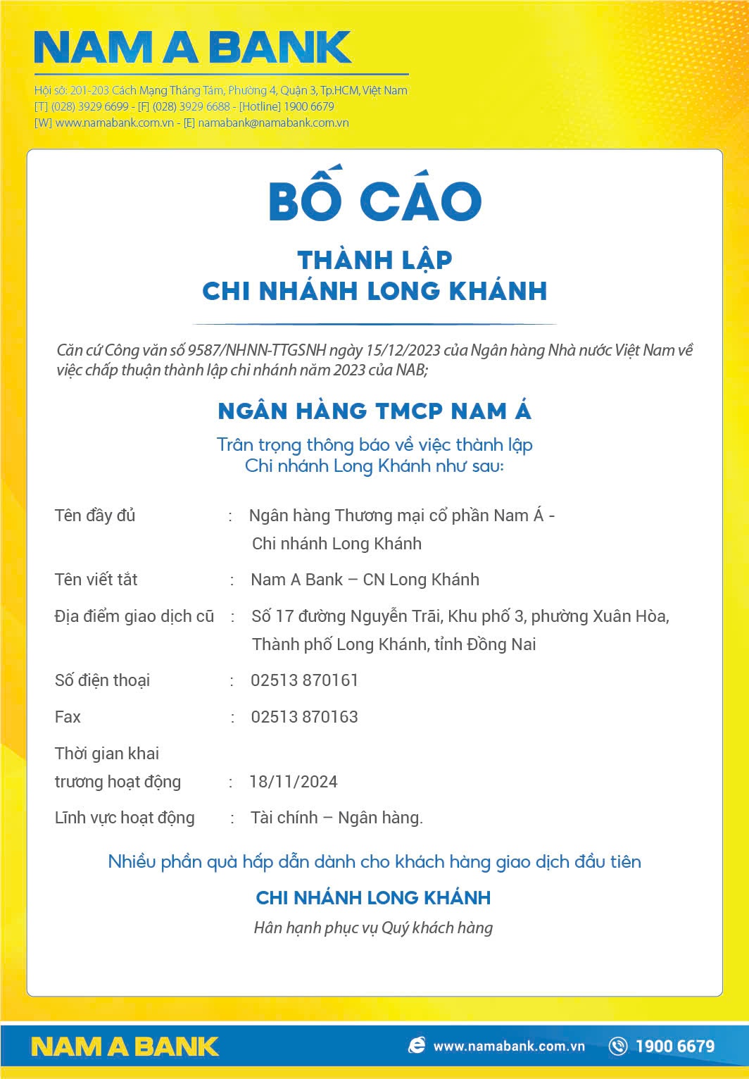 Nam A Bank: Bố cáo thành lập chi nhánh Long khánh