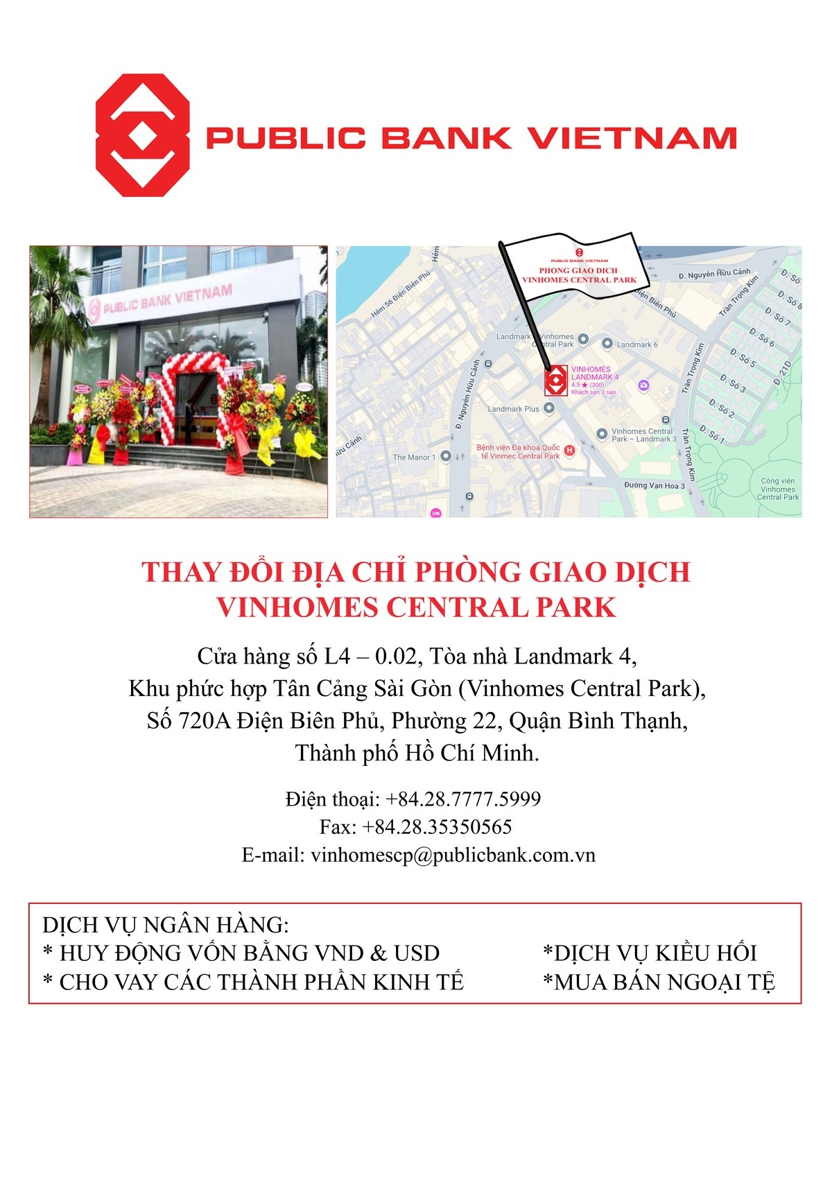 Ngân hàng TNHH MTV Public Việt Nam thay đổi địa chỉ Phòng giao dịch Vinhomes Central Park