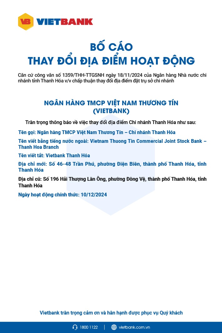 Vietbank: Bố cáo thay đổi địa điểm hoạt động chi nhánh Thanh Hóa