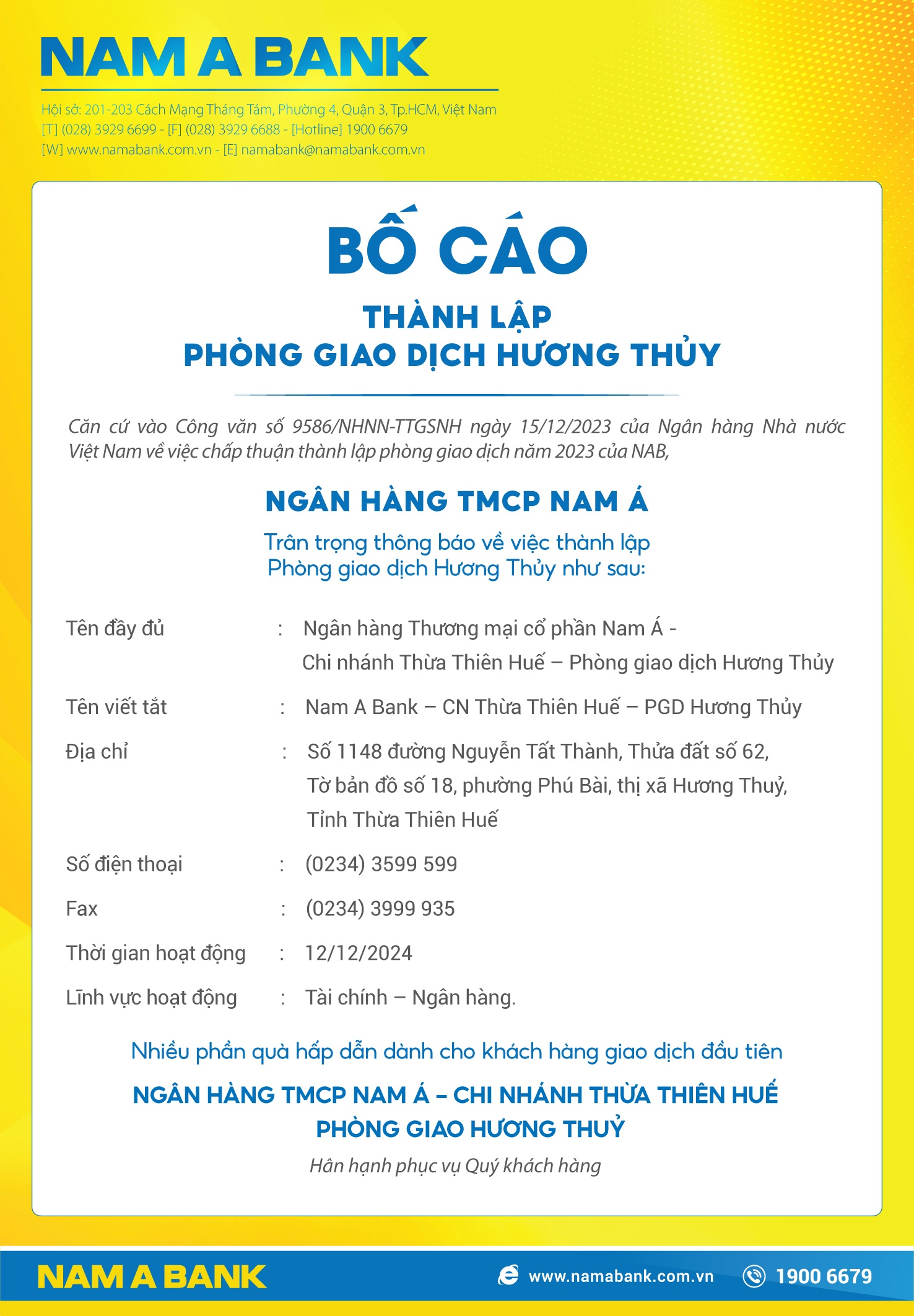 Nam A Bank: Bố cáo thành lập PGD Hương Thủy