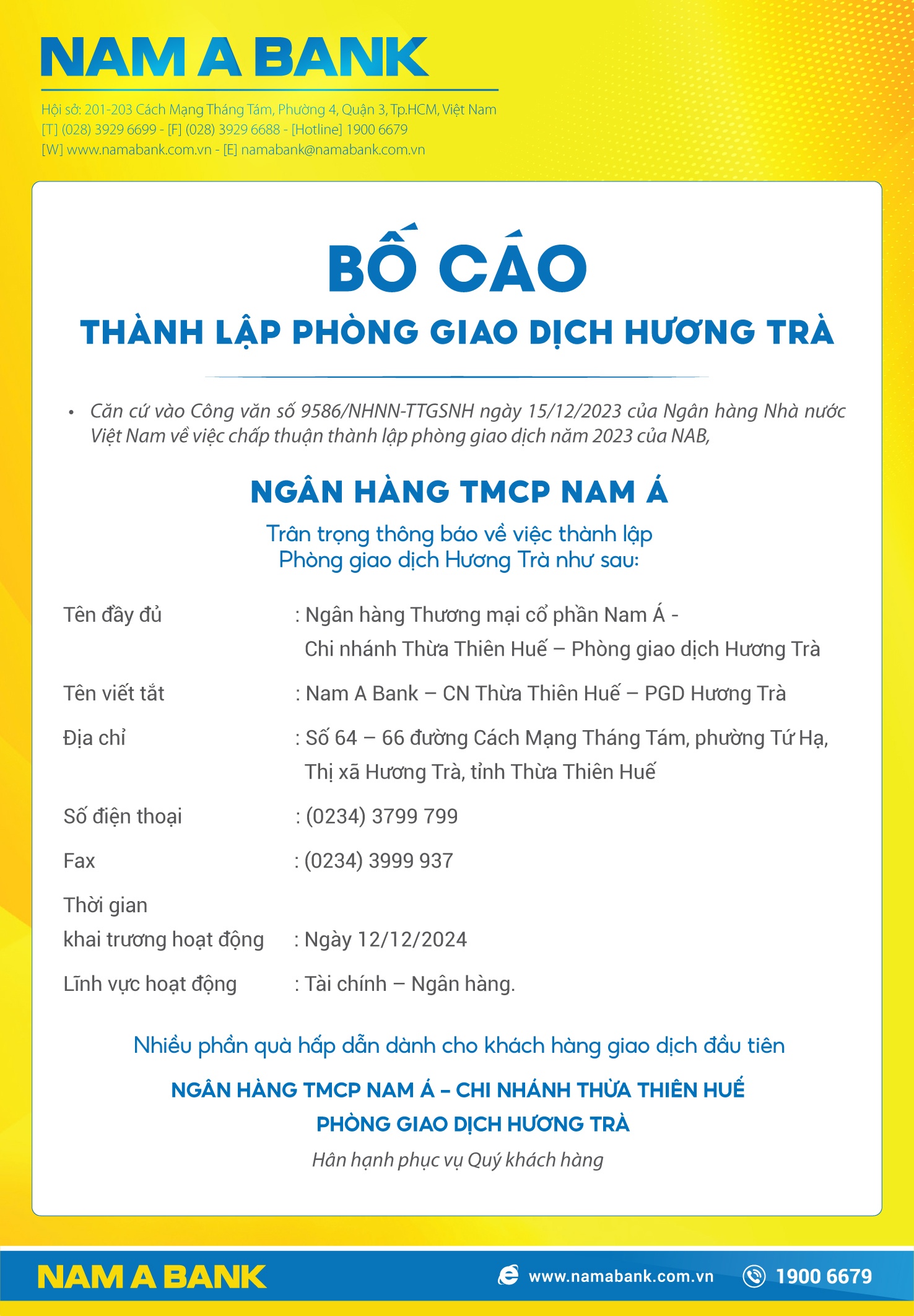 Nam A Bank: Bố cáo thành lập PGD Hương Trà