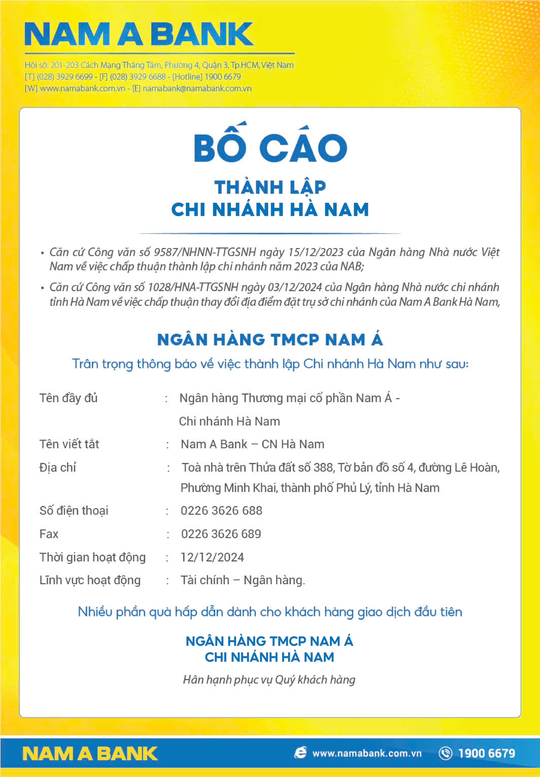 Nam A Bank: Bố cáo thành lập chi nhánh Hà Nam