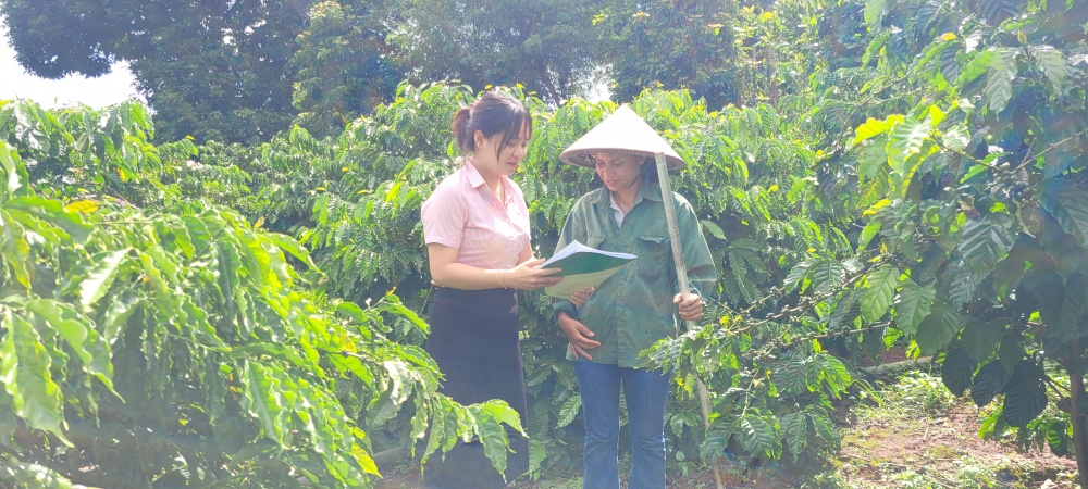 Cán bộ Ngân hàng Chính sách xã hội huyện Chư Prông thăm hỏi, động viên chị Siu Nhã tận dụng nguồn vốn vay phát triển kinh tế gia đình, sử dụng nguồn vốn đúng mục đích