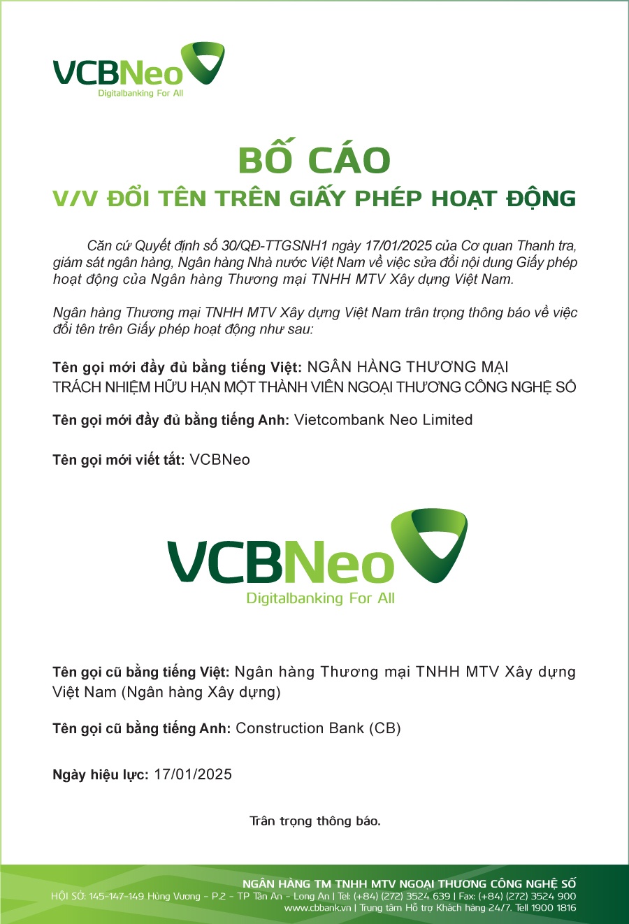 VCBNeo bố cáo đổi tên giấy phép hoạt động