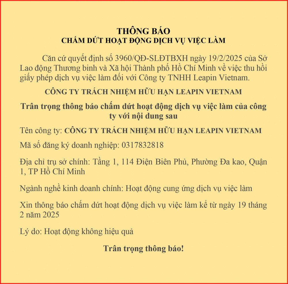 Thông báo chấm dứt hoạt động dịch vụ việc làm Công ty TNHH LEAPIN Việt Nam