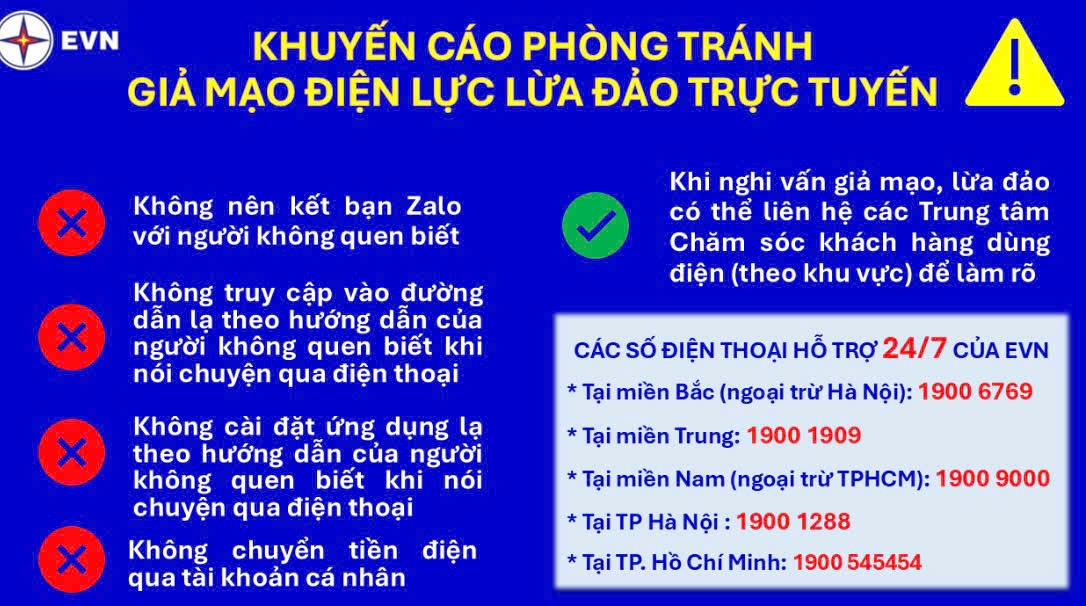 EVN khuyến cáo người dân cảnh giác với "chiêu trò" giả mạo điện lực để lừa đảo trực tuyến EVN khuyến cáo người dân cảnh giác với "chiêu trò" giả mạo điện lực để lừa đảo trực tuyến