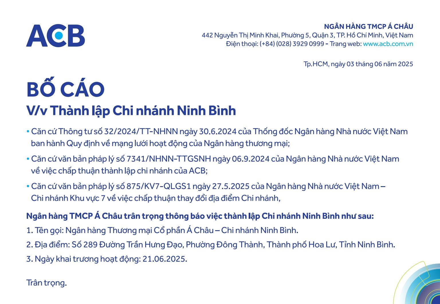ACB: Bố cáo thành lập chi nhánh Ninh Bình ACB: Bố cáo thành lập chi nhánh Ninh Bình