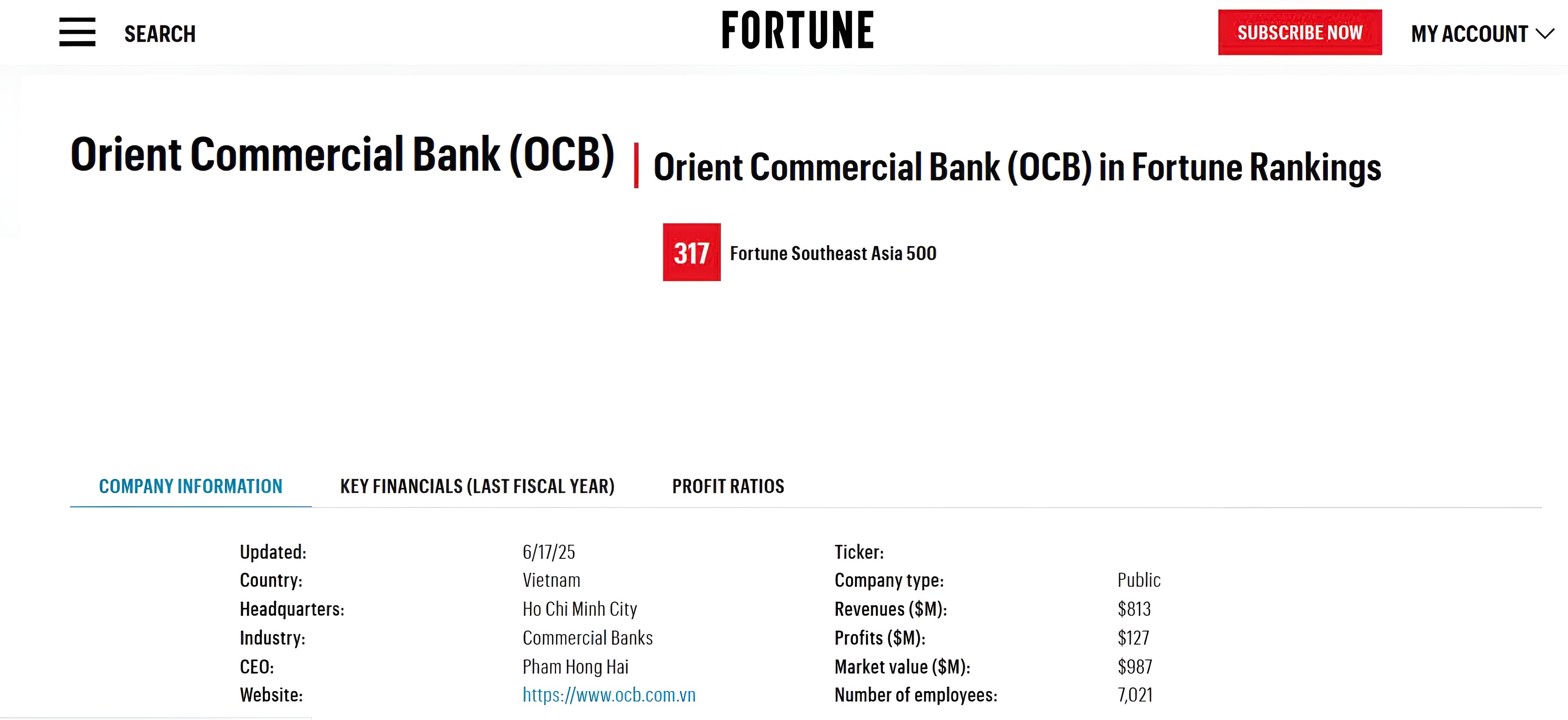 OCB xếp hạng 317/500 doanh nghiệp có doanh thu cao nhất khu vực Đông Nam Á