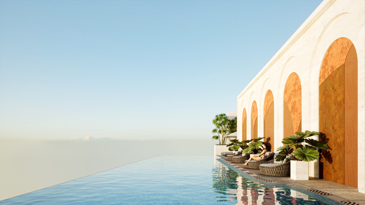 Bể bơi vô cực tại Regal Residence mang đến trải nghiệm đẳng cấp, nơi mặt nước giao hòa với biển trời, lý tưởng để thư giãn và tận hưởng khoảnh khắc thượng lưu. Ảnh: Regal Group.