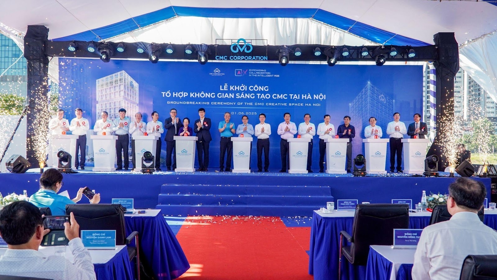 Thủ tướng và Lãnh đạo Chính phủ, Lãnh đạo CMC bấm nút khởi công dự án Không gian sáng tạo CMC Creative Space Hà Nội 1/6/2025 Thủ tướng và Lãnh đạo Chính phủ, Lãnh đạo CMC bấm nút khởi công dự án Không gian sáng tạo CMC Creative Space Hà Nội 1/6/2025