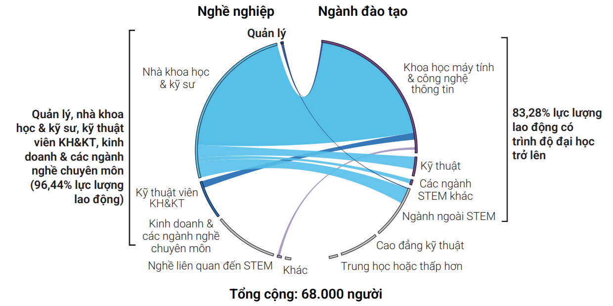 Cơ cấu lực lượng lao động trong lĩnh vực dịch vụ lập trình máy vi tính (một ngành dịch vụ thâm dụng công nghệ, bao gồm hầu hết các doanh nghiệp vi mạch bán dẫn) – Nguồn: Tính toán của cán bộ Ngân hàng Thế giới dựa trên điều tra lao động việc làm năm 2023 Cơ cấu lực lượng lao động trong lĩnh vực dịch vụ lập trình máy vi tính (một ngành dịch vụ thâm dụng công nghệ, bao gồm hầu hết các doanh nghiệp vi mạch bán dẫn) – Nguồn: Tính toán của cán bộ Ngân hàng Thế giới dựa trên điều tra lao động việc làm năm 2023