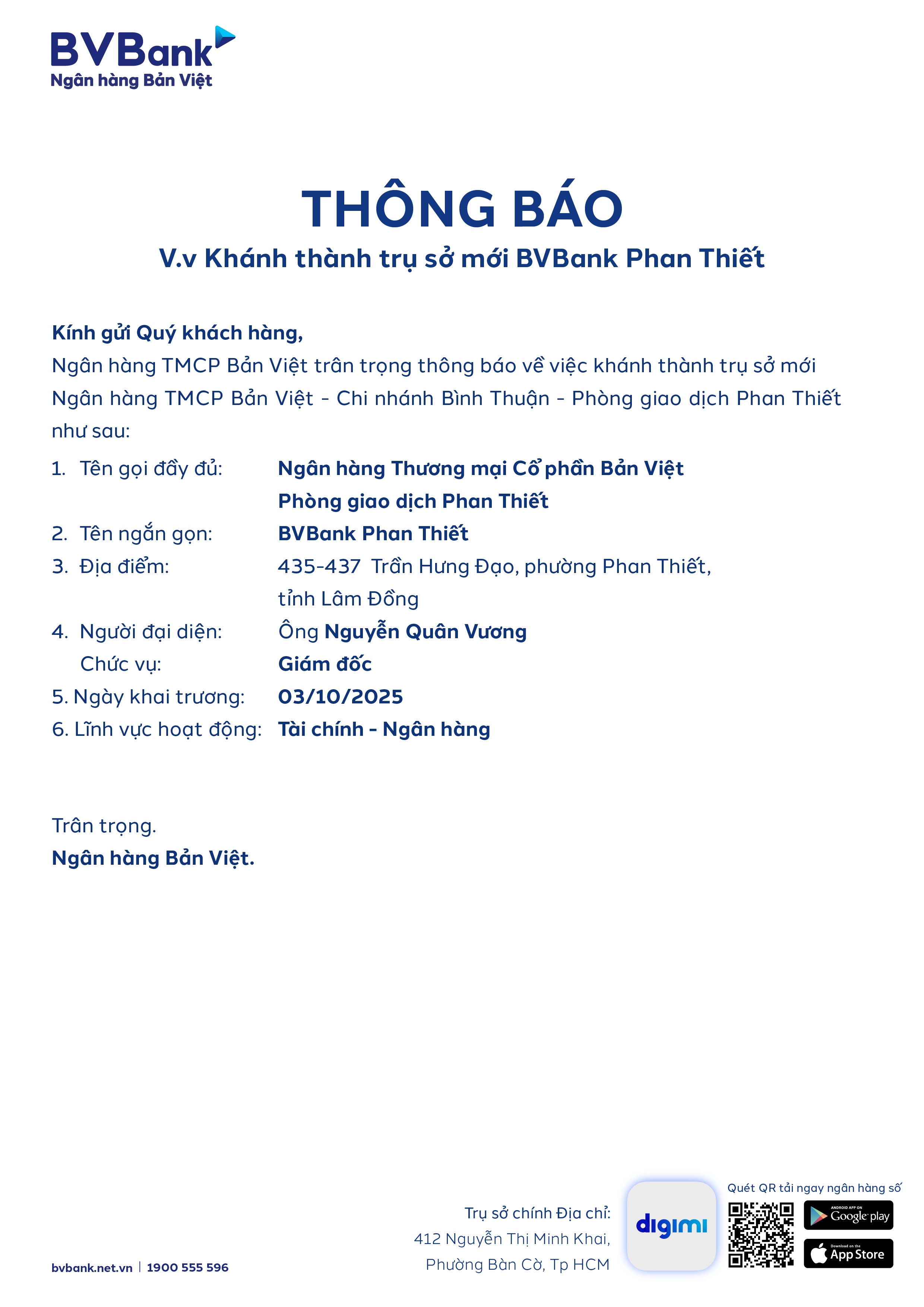 Thông báo khánh thành trụ sở BVBank Phan Thiết