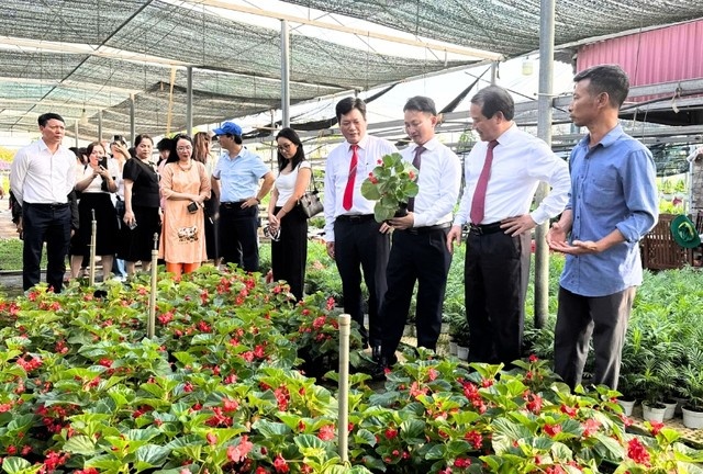 Ông Hoàng Văn Trào, Chủ tịch Hội Làm vườn xã Phúc Thọ (bìa phải) giới thiệu về vườn hoa, cây cảnh của gia đình Ông Hoàng Văn Trào, Chủ tịch Hội Làm vườn xã Phúc Thọ (bìa phải) giới thiệu về vườn hoa, cây cảnh của gia đình
