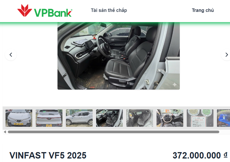 Chiếc VinFast VF 5 có giá khởi điểm 372 triệu đồng tại phiên đấu giá ngày 28/11/2025 trên website thanh lý tài sản đảm bảo của VPBank.