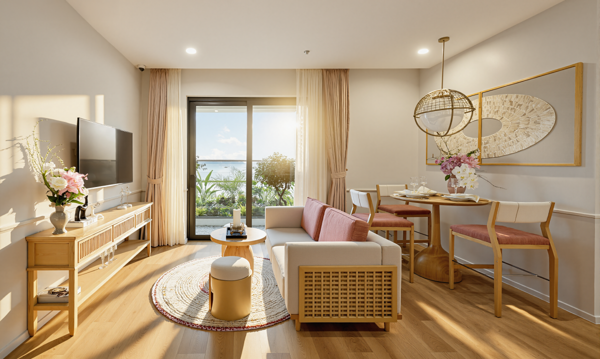 Phòng khách căn hộ mẫu 2 phòng ngủ Sun Centro Town. Ảnh: Ánh Dương Phòng khách căn hộ mẫu 2 phòng ngủ Sun Centro Town. Ảnh: Ánh Dương