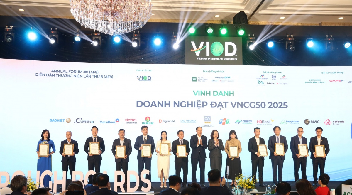 Ông Vương Huy Đông, Phó Ban Thư ký HĐQT & QHCĐ (thứ 3 từ trái sang) lên nhận Chứng nhận VNCG50
