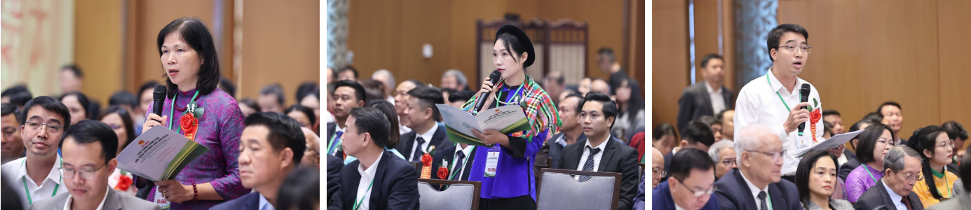 Các đại biểu (từ trái sang) Phạm Thị Lý, Vương Thị Thương, Phạm Đức Trọng nêu đề xuất tại Hội nghị - Ảnh: VGP/Nhật Bắc