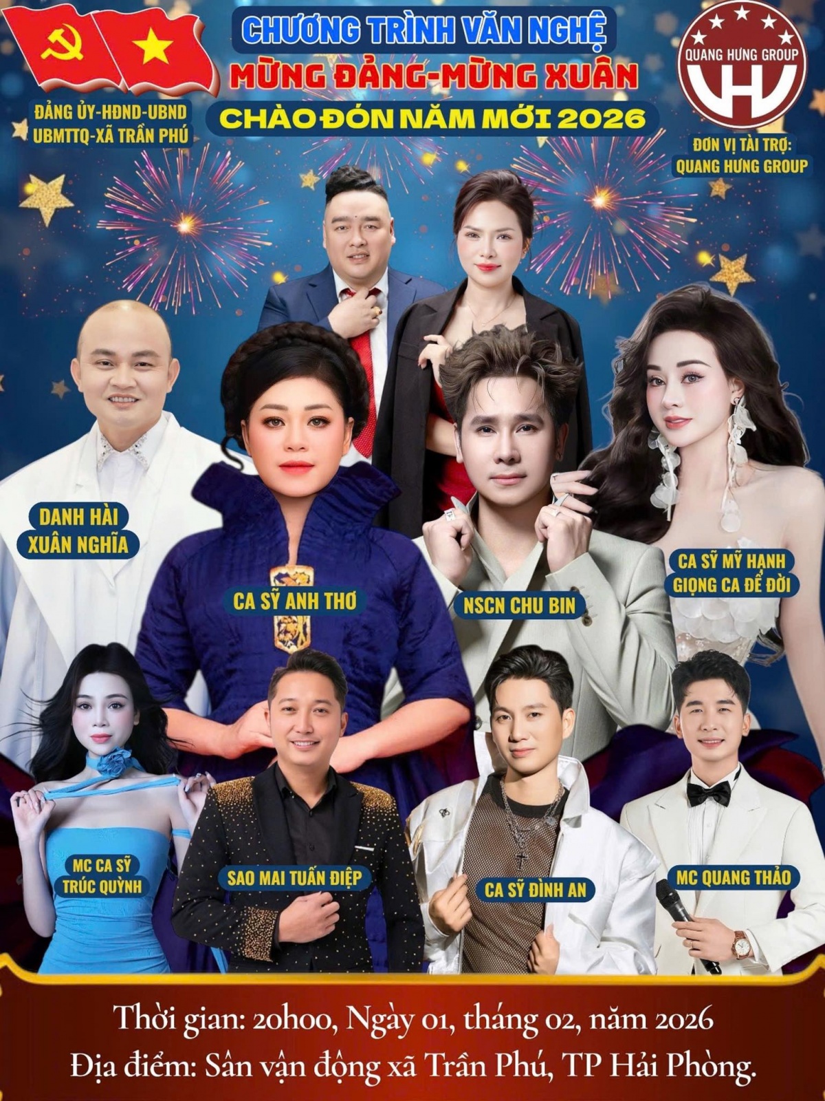 Đêm nghệ thuật Mừng Đảng – Mừng Xuân chào đón năm mới 2026 quy tụ nhiều nghệ sĩ nổi tiếng, do Tập đoàn Quang Hưng Group đồng hành tổ chức và tài trợ. Đêm nghệ thuật Mừng Đảng – Mừng Xuân chào đón năm mới 2026 quy tụ nhiều nghệ sĩ nổi tiếng, do Tập đoàn Quang Hưng Group đồng hành tổ chức và tài trợ.