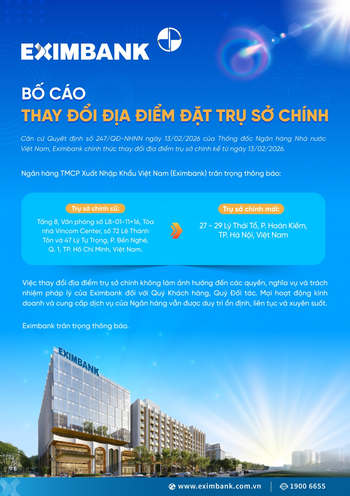 Eximbank chính thức thay đổi địa điểm trụ sở chính Eximbank chính thức thay đổi địa điểm trụ sở chính