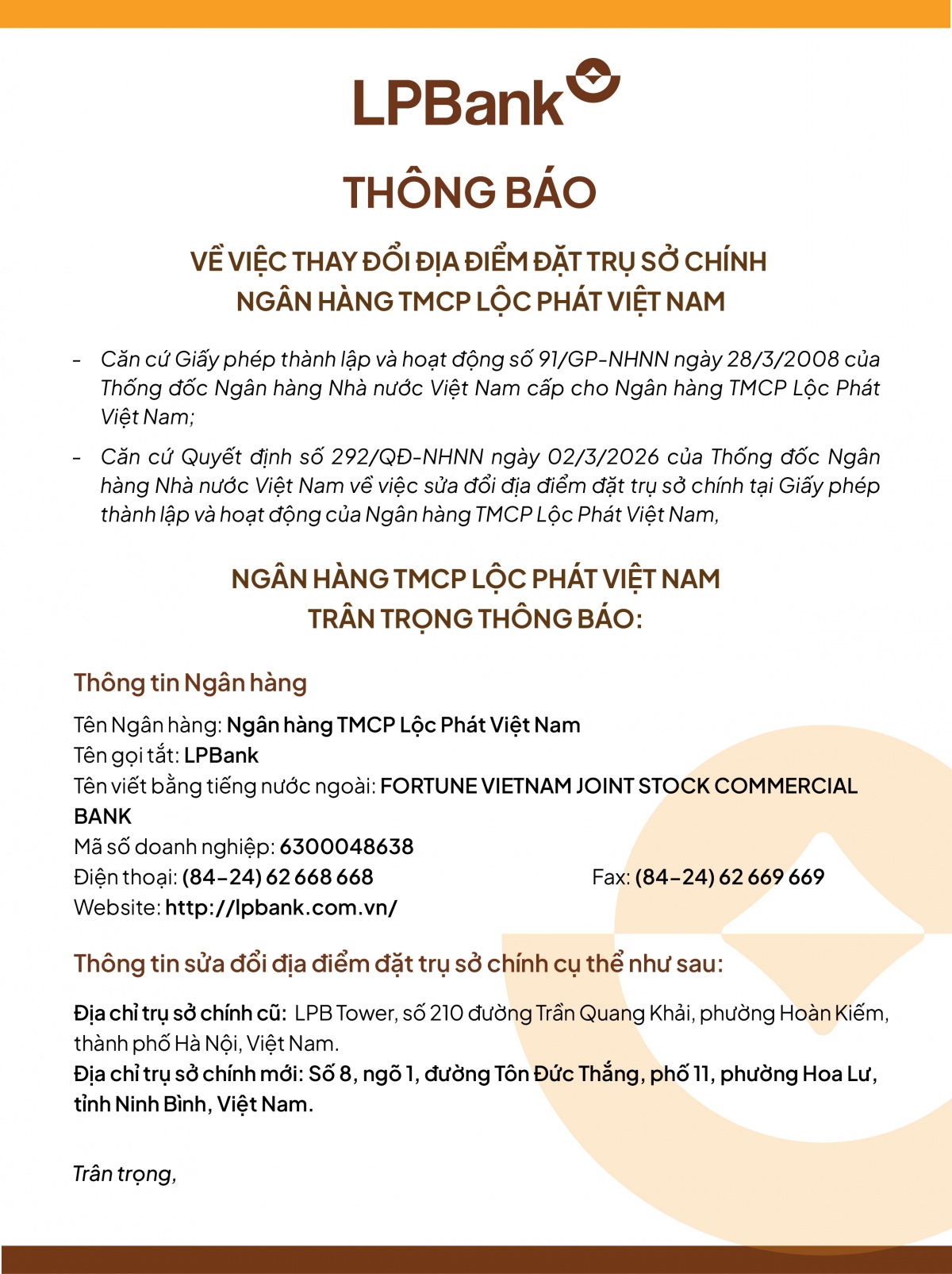 LPBank thông báo thay đổi địa điểm trụ sở chính LPBank thông báo thay đổi địa điểm trụ sở chính