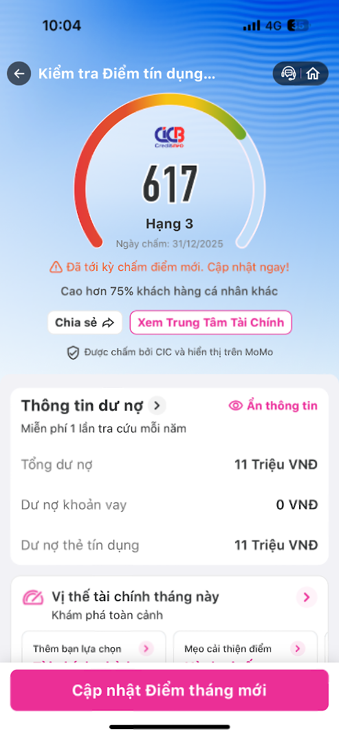 Miễn phí cập nhật điểm tín dụng tháng mới cho người dân trực tiếp trên MoMo Miễn phí cập nhật điểm tín dụng tháng mới cho người dân trực tiếp trên MoMo