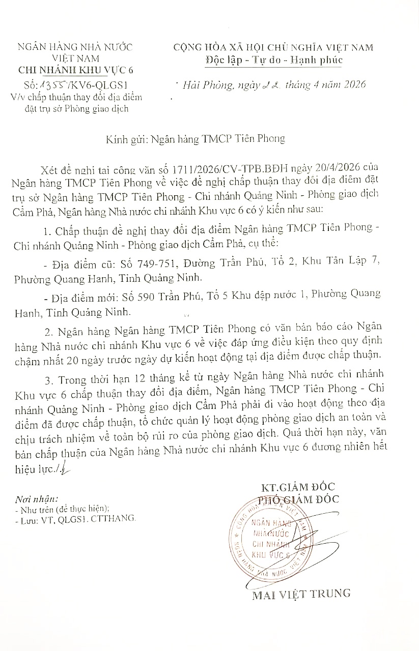 TPBank Cẩm Phả hoạt động tại địa điểm mới TPBank Cẩm Phả hoạt động tại địa điểm mới