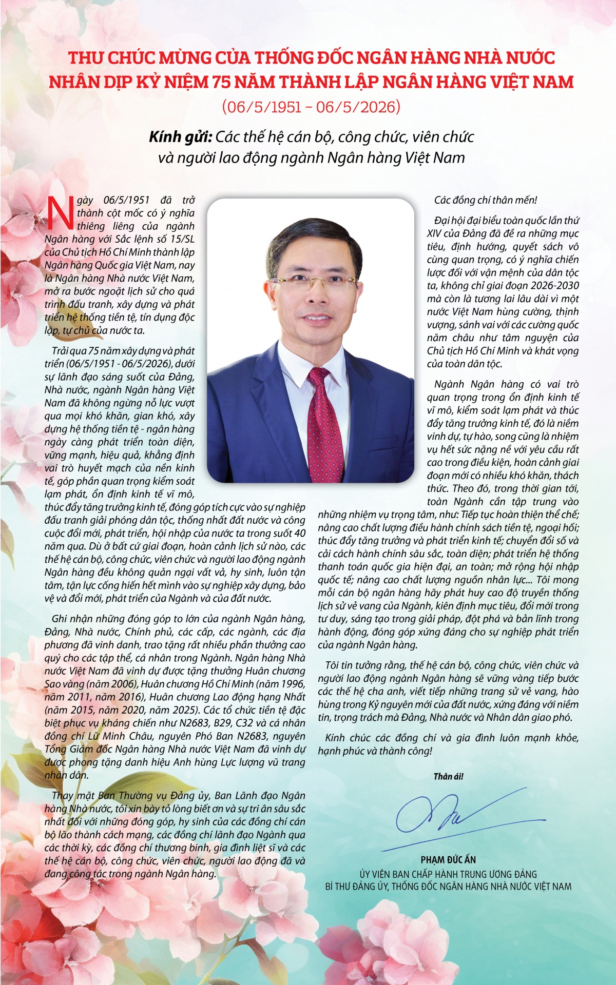 Thư chúc mừng của Thống đốc Ngân hàng Nhà nước nhân dịp kỷ niệm 75 năm thành lập Ngân hàng Việt Nam