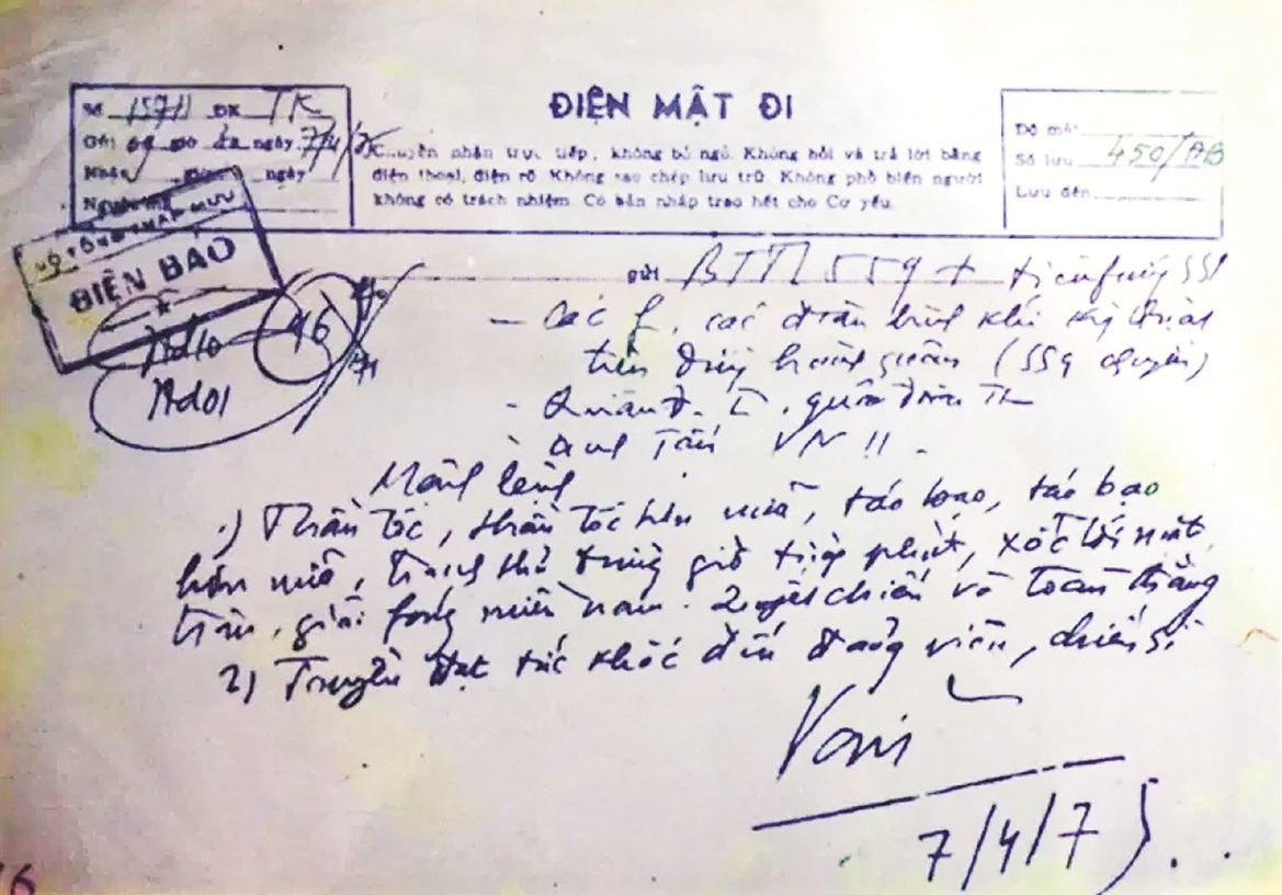 Bức điện của Đại tướng Võ Nguyên Giáp gửi quân và dân miền Nam ngày 7/ 4/1975 Bức điện của Đại tướng Võ Nguyên Giáp gửi quân và dân miền Nam ngày 7/ 4/1975