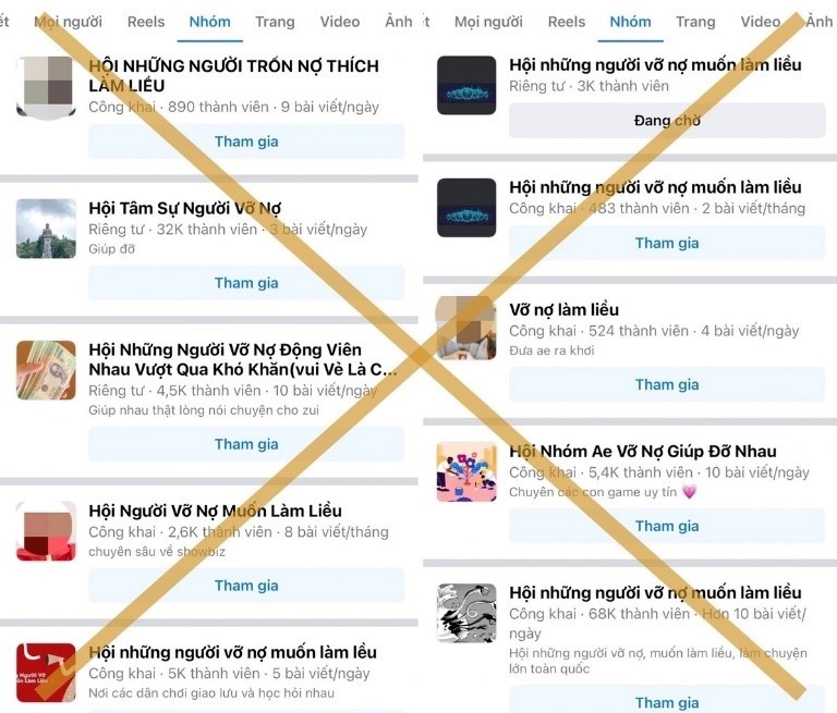 Những hội nhóm trên Facebook (Ảnh: Công an Hà Nội). Những hội nhóm trên Facebook (Ảnh: Công an Hà Nội).