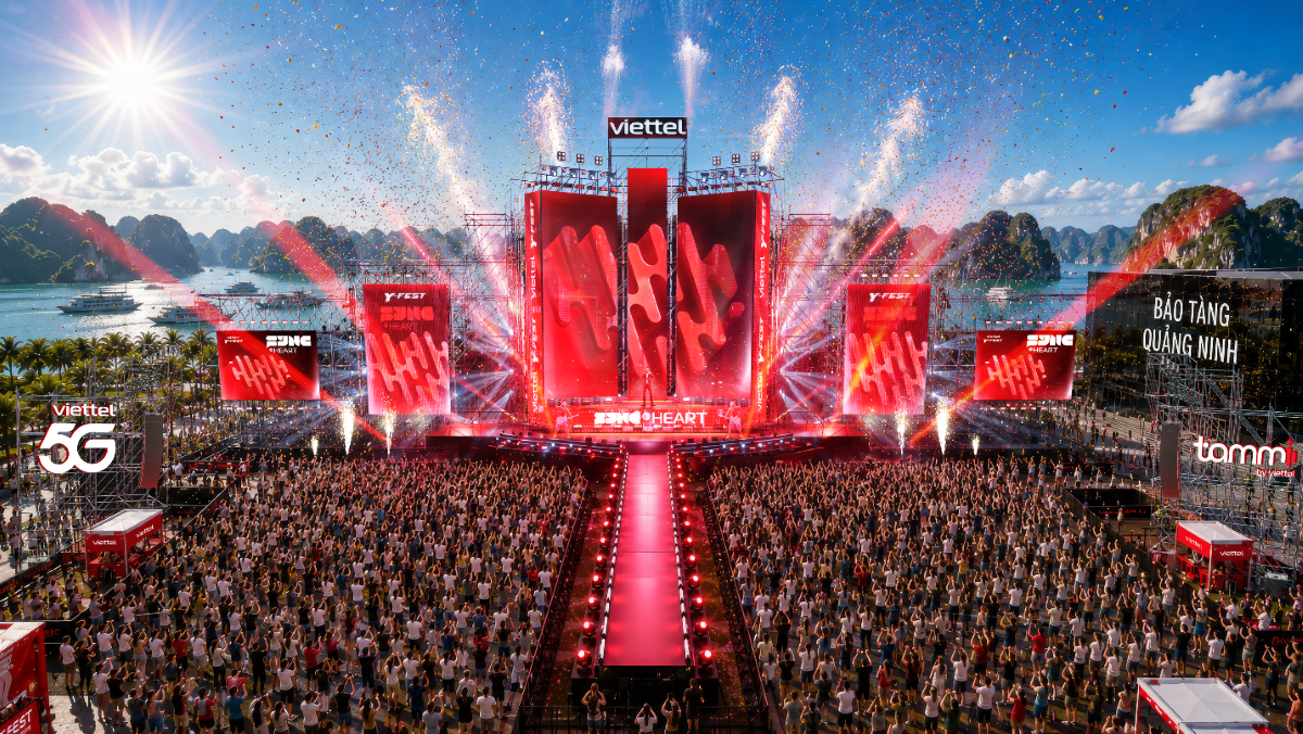 Sân khấu Y-Fest 2026 tại Quảng Ninh được tạo hình như cánh buồm đỏ thắm